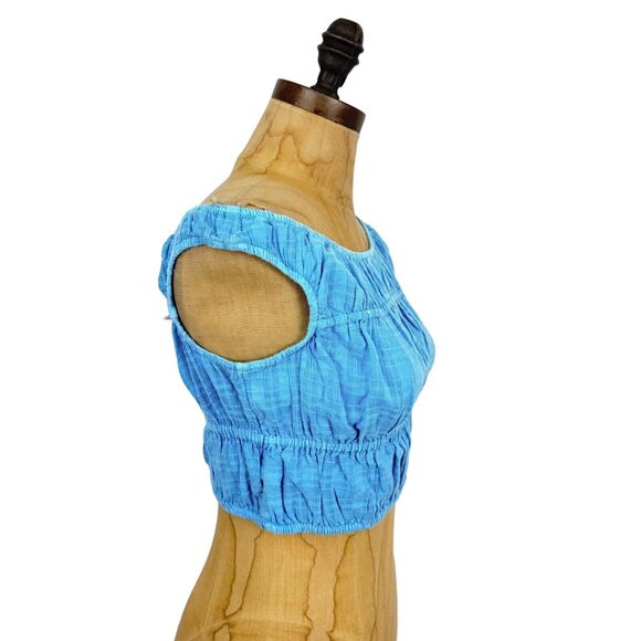 AMERICAN EAGLE Crop Tank Top XS Ruched Light Blue Cotton Pleated Stretch NWT B86 - Picture 3 of 6